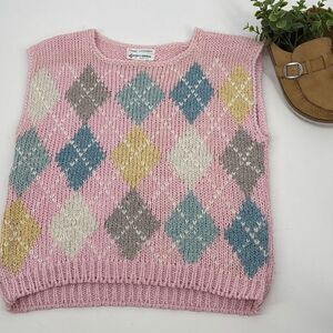 80’s Vintage hand-knit pastel pink argyle sweater-vest ramie metallic‎ Large